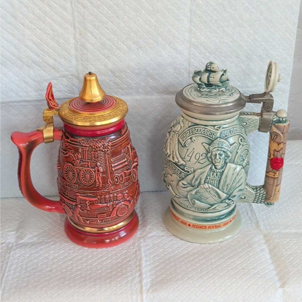 Avon Vintage Beer Steins W/Lids Christopher Columbus , and American Firefighter